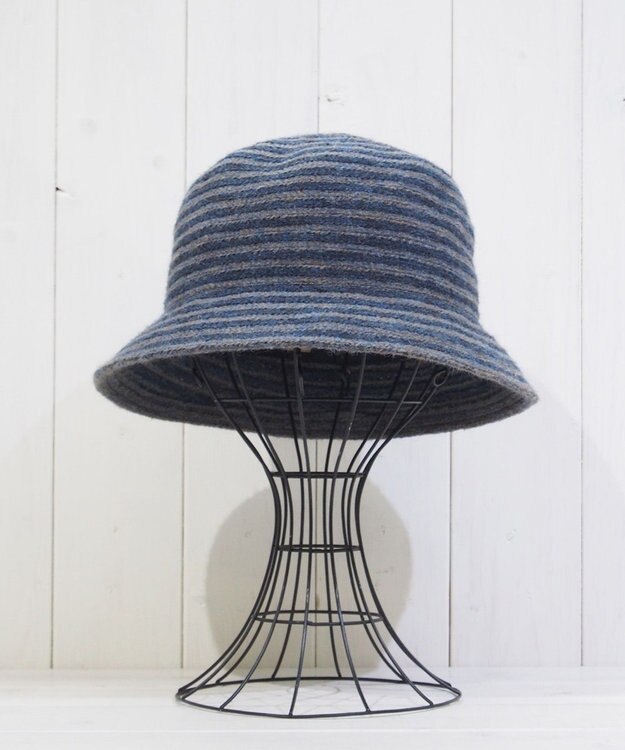 石田製帽 モヘヤ混ボーダー　バケット グレーミックスxネイビー
