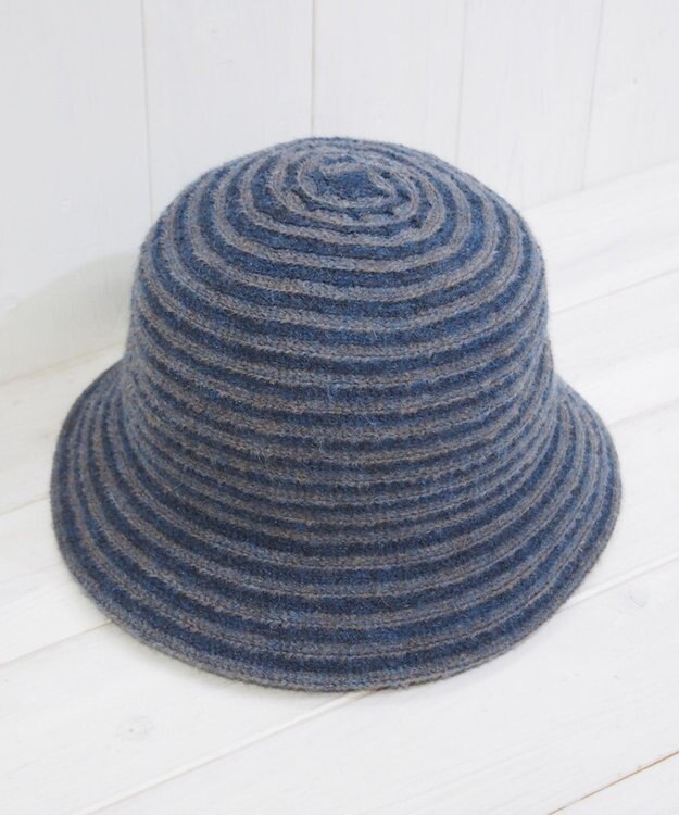 石田製帽 モヘヤ混ボーダー　バケット グレーミックスxネイビー