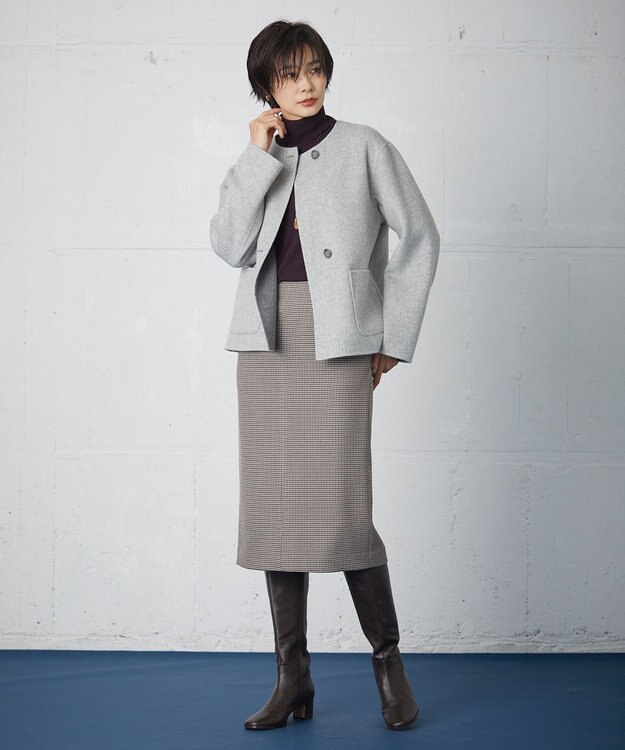 J.PRESS LADIES 【リバーシブル】ウールナイロン リバー ノーカラー ショートコート ライトグレー系