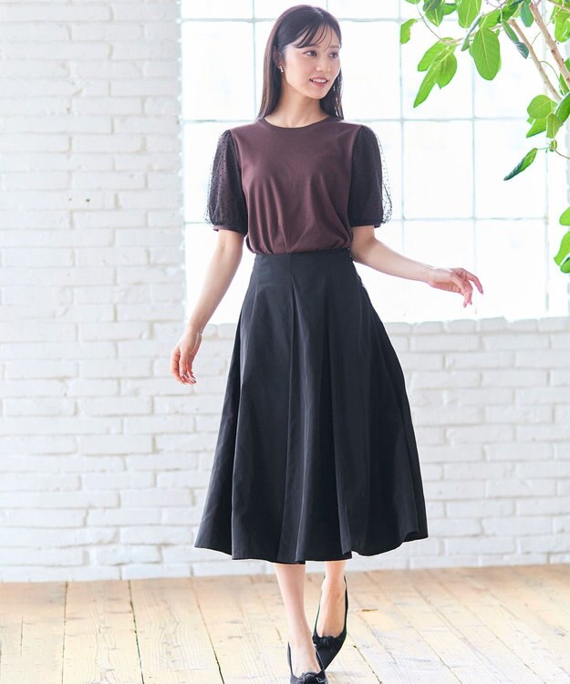 Feroux 【汗ジミが目立たない・洗える】チュール袖パフスリーブ Tシャツ ダークブラウン系