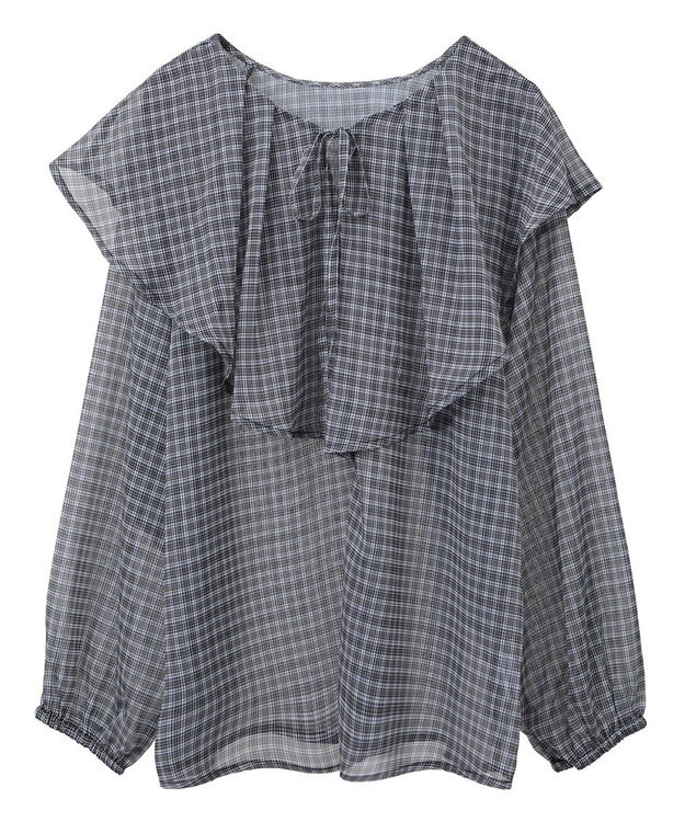 Green Parks チェックシアーフリルブラウス Black