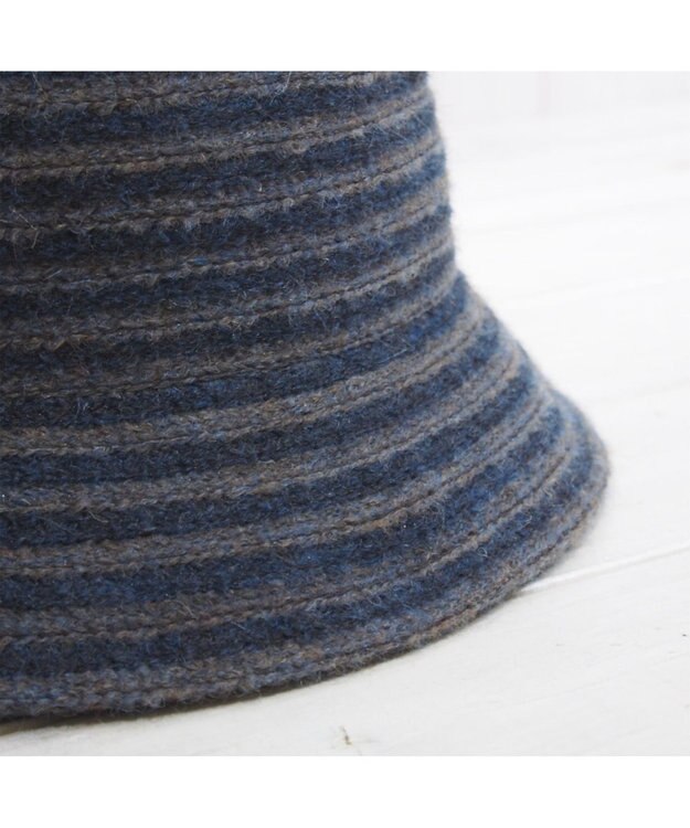 石田製帽 モヘヤ混ボーダー　バケット グレーミックスxネイビー