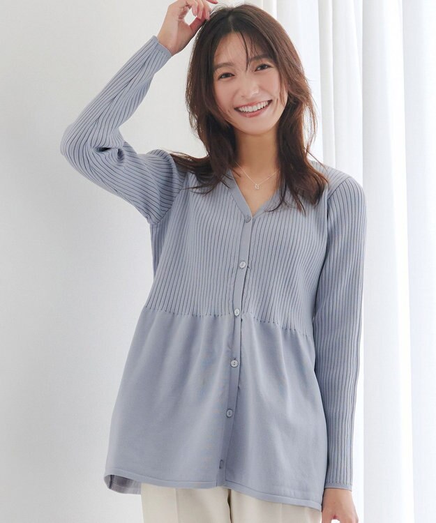 Tiaclasse L 【洗える】リブ切替フレアカーディガン サックスグレー