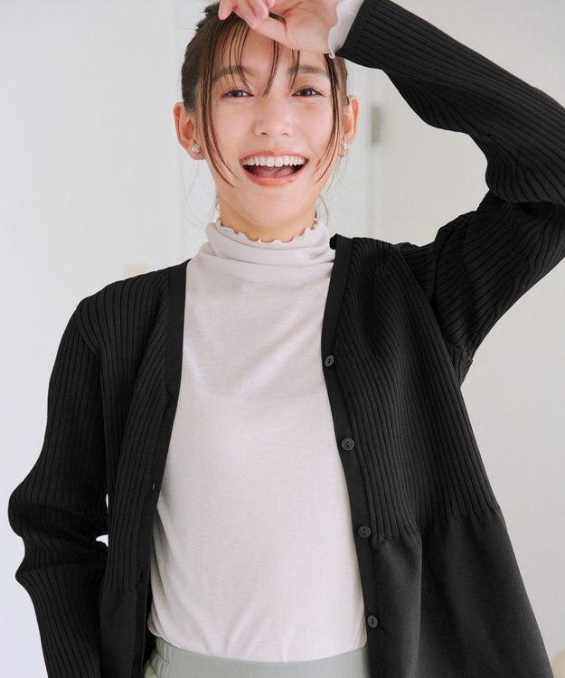 Tiaclasse L 【洗える】リブ切替フレアカーディガン ブラック