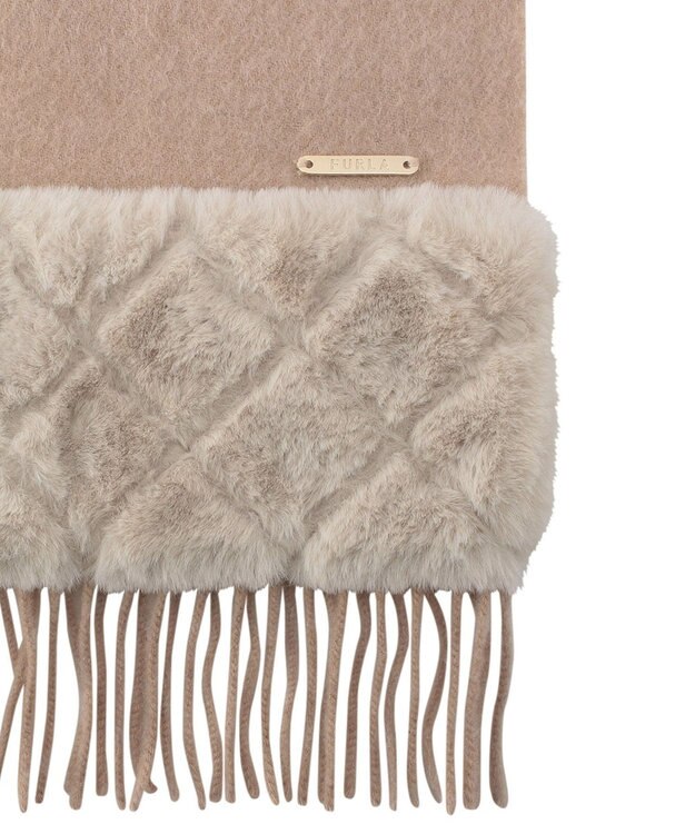 MOONBAT 【WEB限定】フルラ (FURLA)エコファー付きマフラー 無地×キルト風 ウールマフラー ロゴプレート付き ベージュ