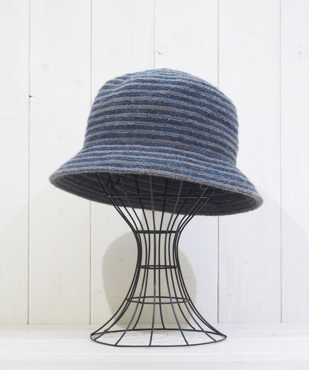 石田製帽 モヘヤ混ボーダー　バケット グレーミックスxネイビー