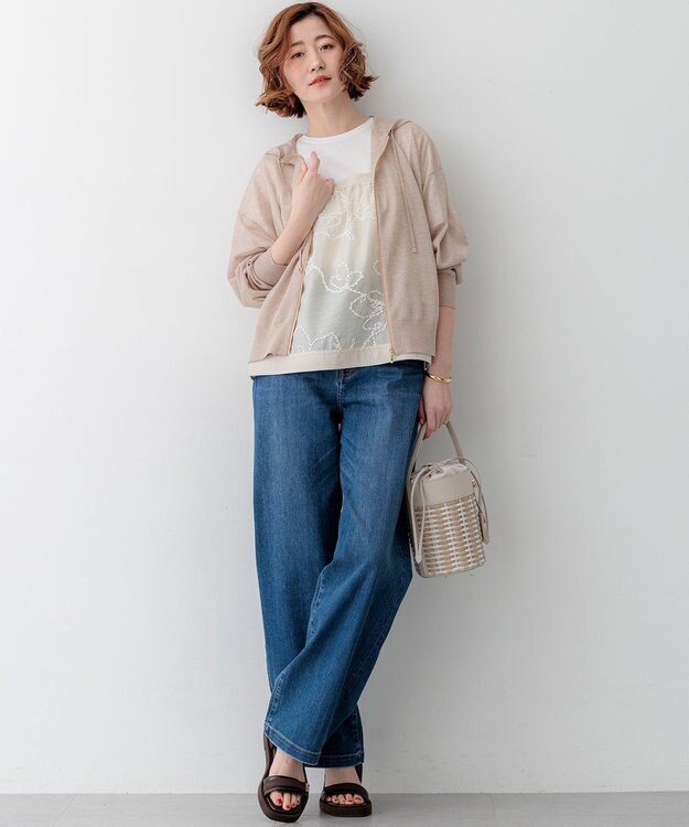 23区 シャイニーシアーニット ジップアップ パーカー ベージュ系