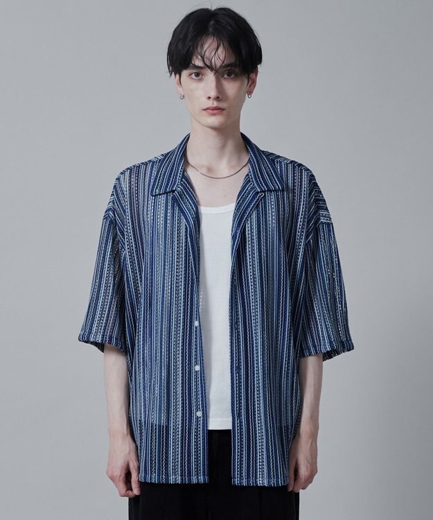 WEGO ストライプメッシュBIGシャツ（S） 柄3