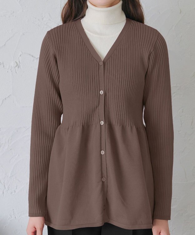 Tiaclasse L 【洗える】リブ切替フレアカーディガン モカ