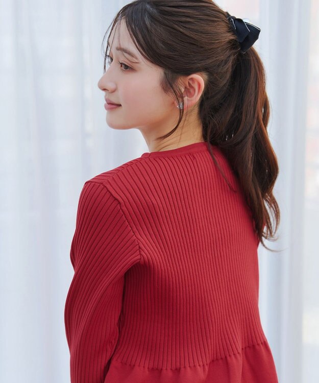 Tiaclasse L 【洗える】リブ切替フレアカーディガン レッド