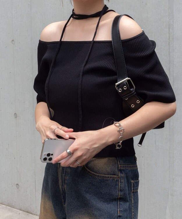 WEGO チョーカーリボン付きオフショルニット ブラック