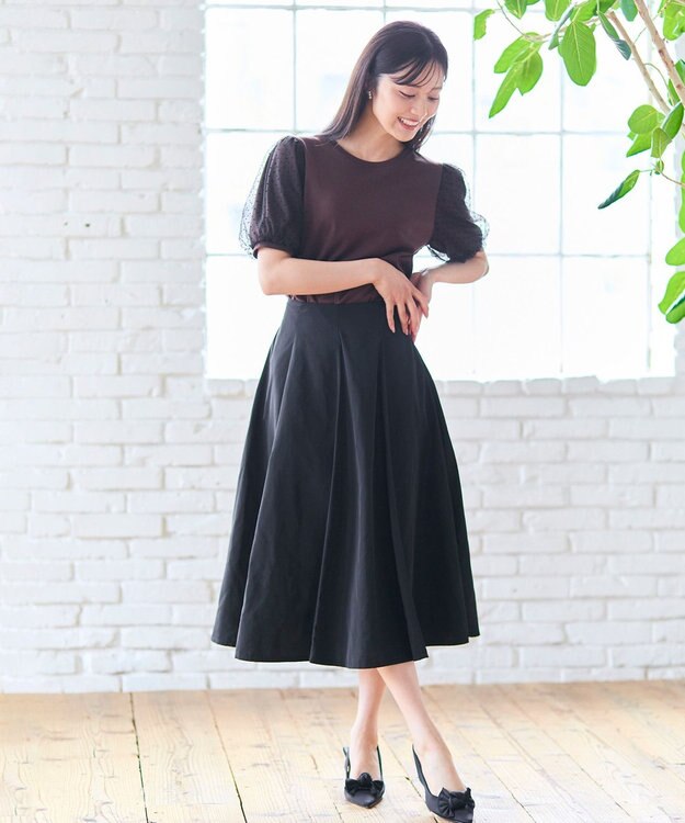 Feroux 【汗ジミが目立たない・洗える】チュール袖パフスリーブ Tシャツ ダークブラウン系