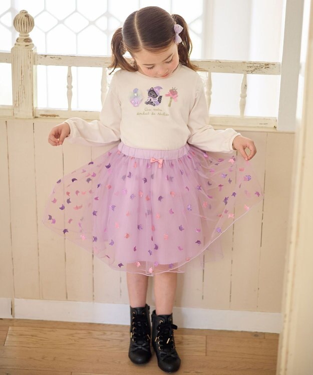 ANY KIDS ラメチュールフレアスカート ラベンダー×ネコ