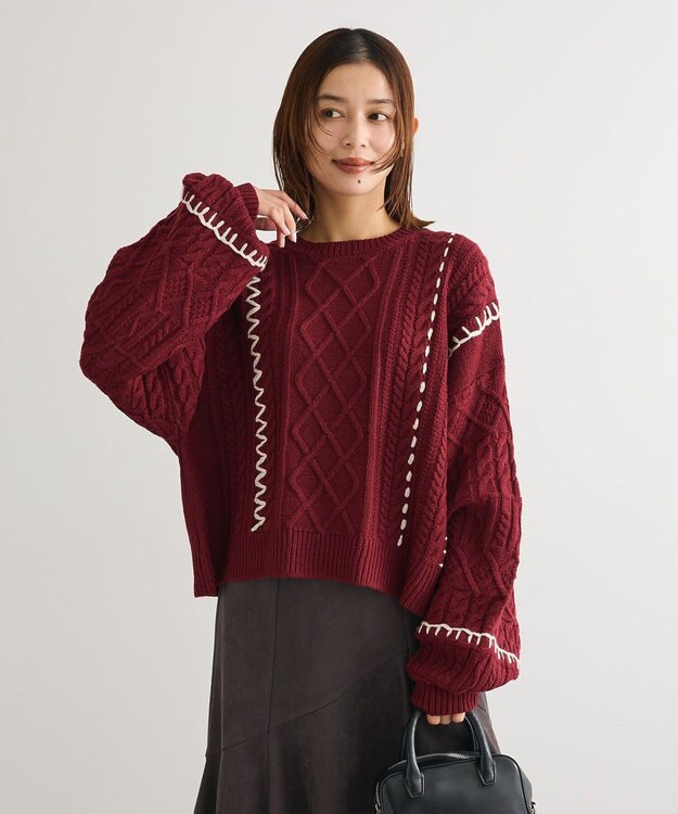 Green Parks ・ＥＬＥＮＣＡＲＥ　ＤＵＥ　ハンドステッチケーブルニッ Bordeaux