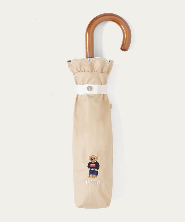 MOONBAT 【WEB限定/遮光率100%/遮熱/UV】POLO RALPH LAUREN（ポロ ラルフローレン）晴雨兼用日傘 ワンポイント ポロベア刺繍 フリル 折りたたみ傘 長折タイプ ベージュ