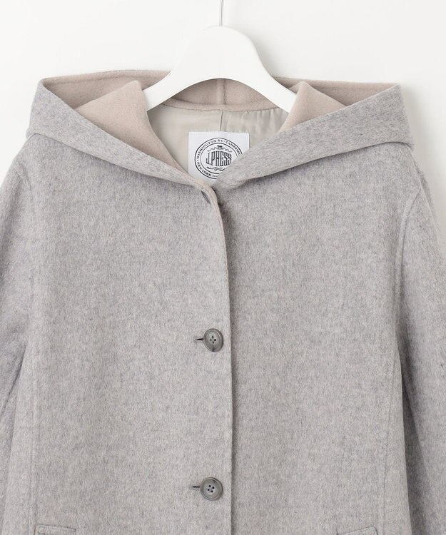 J.PRESS LADIES ウールナイロンリバー フード付き コート ライトグレー×ベージュ系