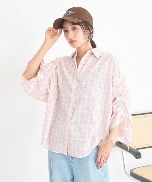 earth music&ecology シャーリングスリーブチェックシャツ Pink