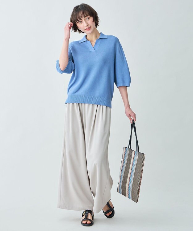 ANY L アクリルガーターポロ衿ニット ブルー