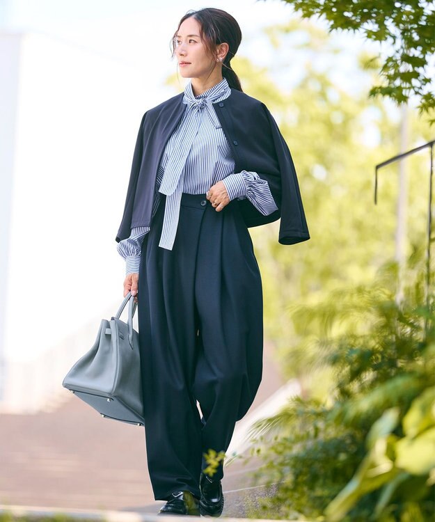 #Newans 【洗える】スラントフロントコクーンパンツ ネイビー