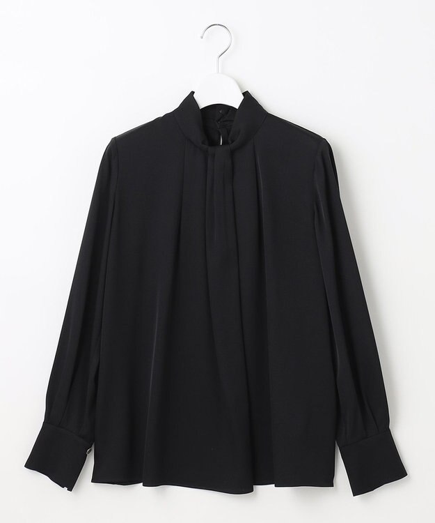 自由区 L 【洗える/UVケア/吸放湿性】シルクストレッチ ハイネックブラウス ネイビー系