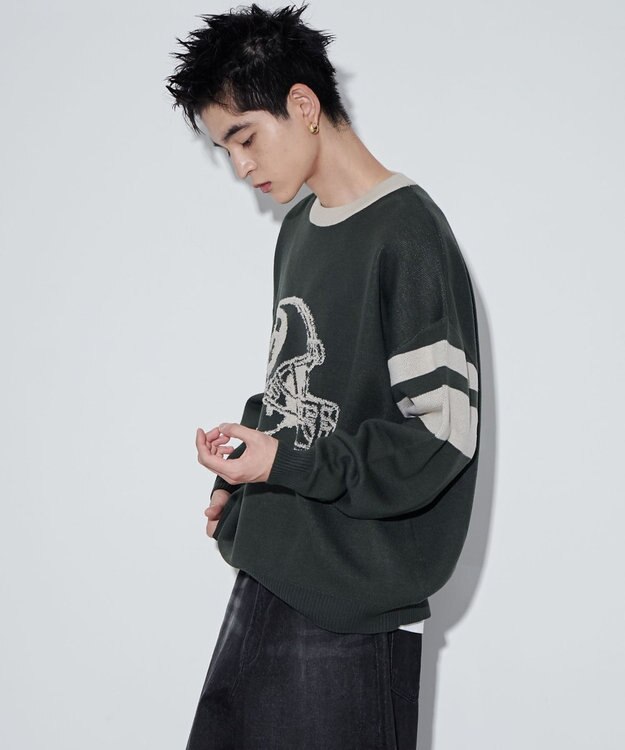 WEGO 【ユニセックス着用ITEM】ジャガードスリーブラインプルオーバー ダークグリーン