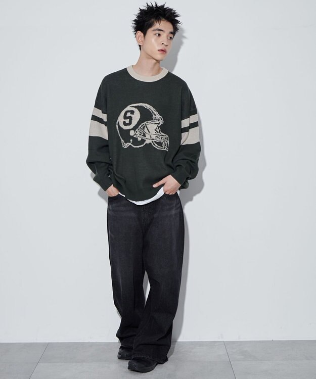 WEGO 【ユニセックス着用ITEM】ジャガードスリーブラインプルオーバー ダークグリーン