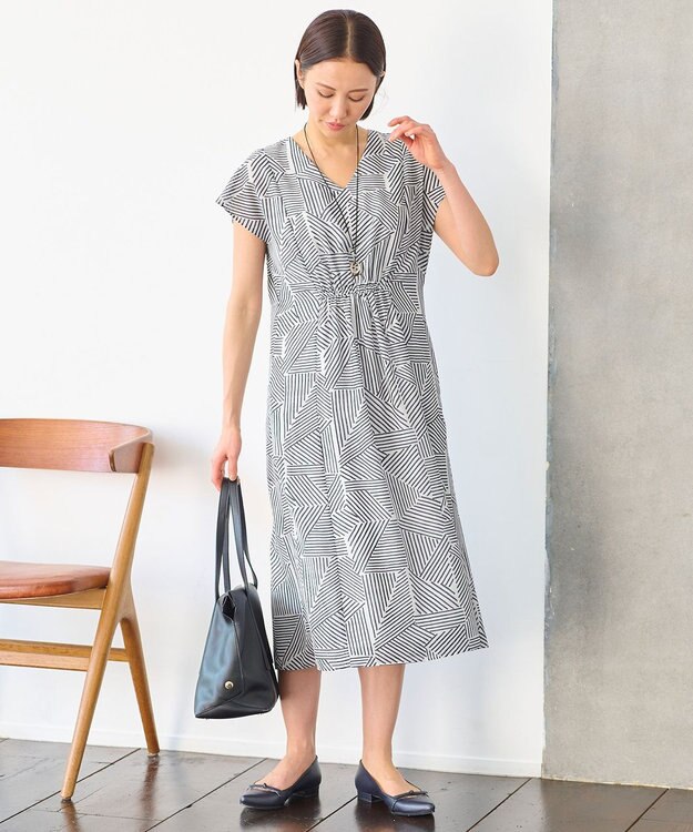 自由区 【洗える・XSサイズあり】モザイクラインプリント ワンピース ネイビー系6