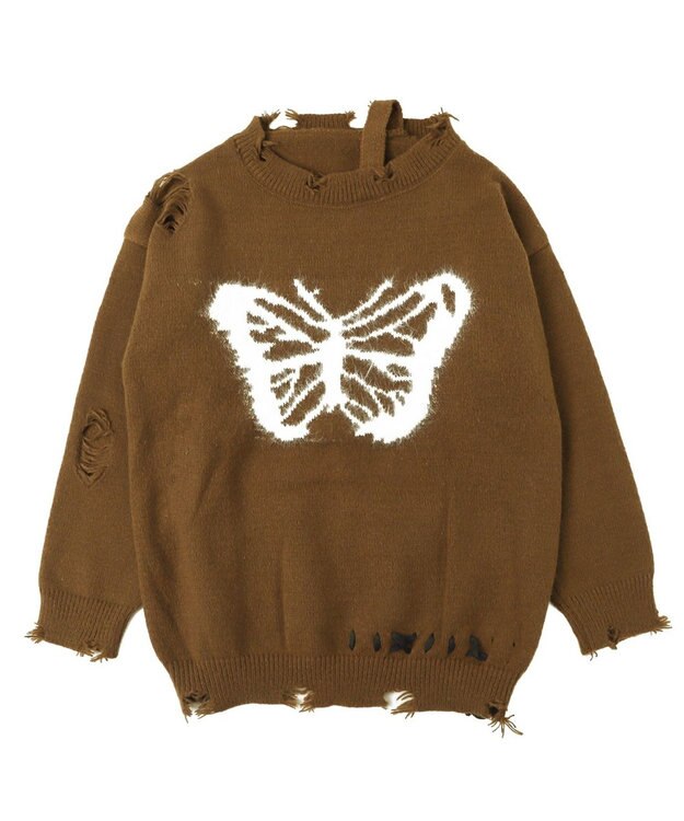 WEGO バタフライダメージワンショルダーニット ブラウン