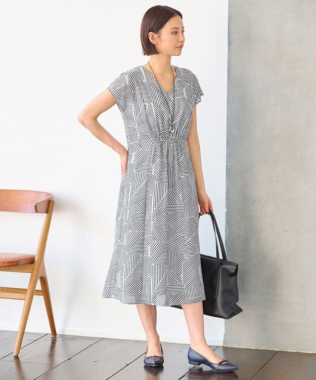 自由区 【洗える・XSサイズあり】モザイクラインプリント ワンピース ネイビー系6