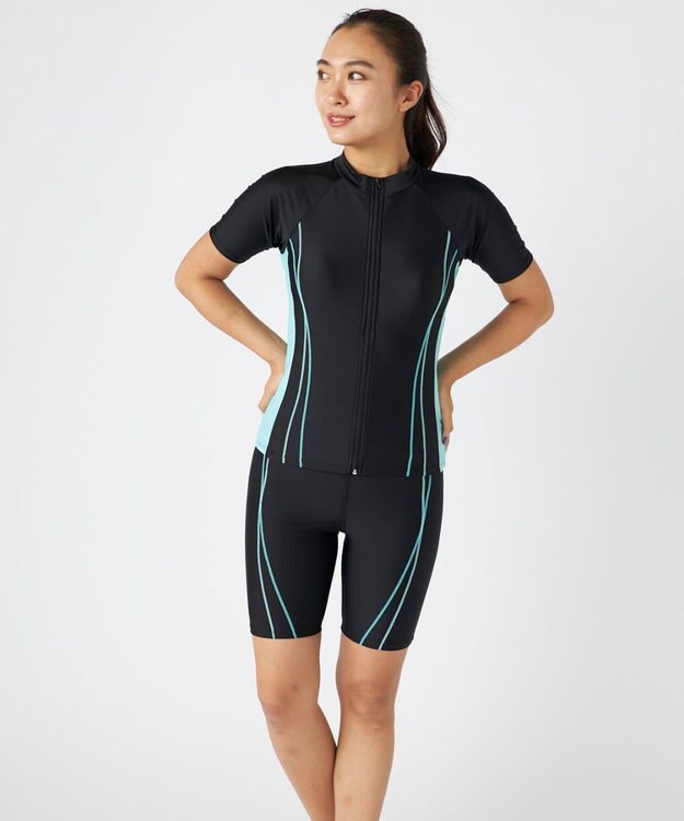 OP／FILA 半袖フルジップフィットネス水着 ブラック×ミント