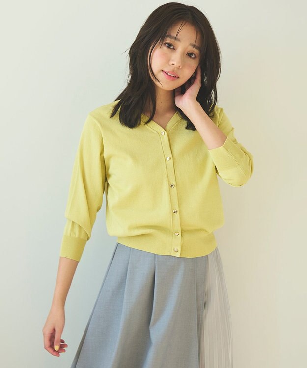 Feroux 【洗える・接触冷感・UVカット】ハートボタン7分袖 カーディガン イエロー系