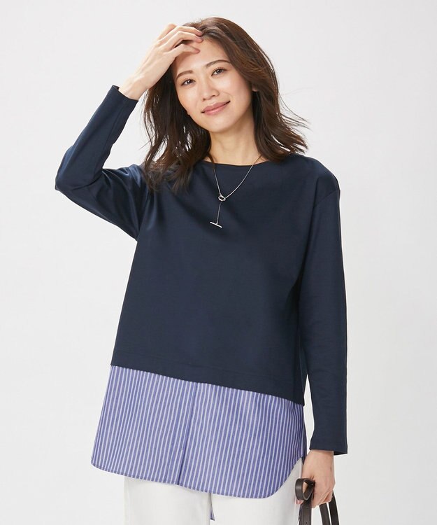 J.PRESS LADIES 【接触冷感・UVケア】レイヤードジャージー カットソー ネイビー系1
