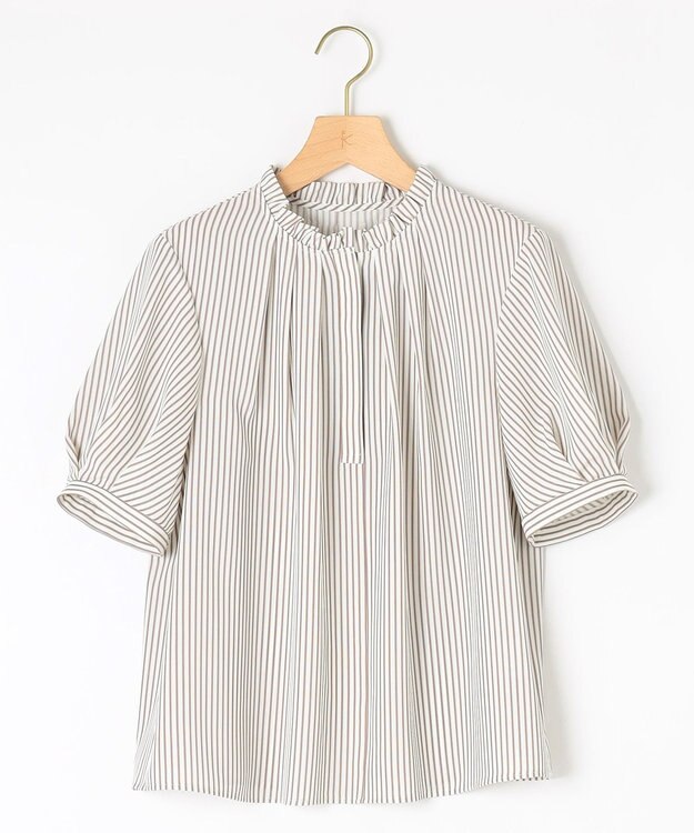 組曲 ライトデシンフリル襟 ブラウス ベージュストライプ系1