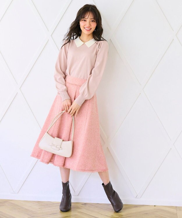 Feroux 【セットアップ対応】春ツイード フレアスカート ピンク系1