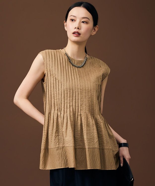 自由区 S 【涼やか】エアリーコットンリップピンタックフレンチスリーブ ブラウス ベージュ