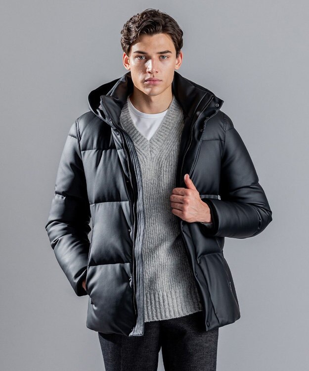 JOSEPH HOMME シンセティックレザー　ダウンコート ブラック系
