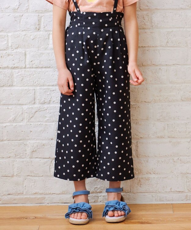 ANY KIDS 麻ライク ドット柄 ガウチョ ブラックドット