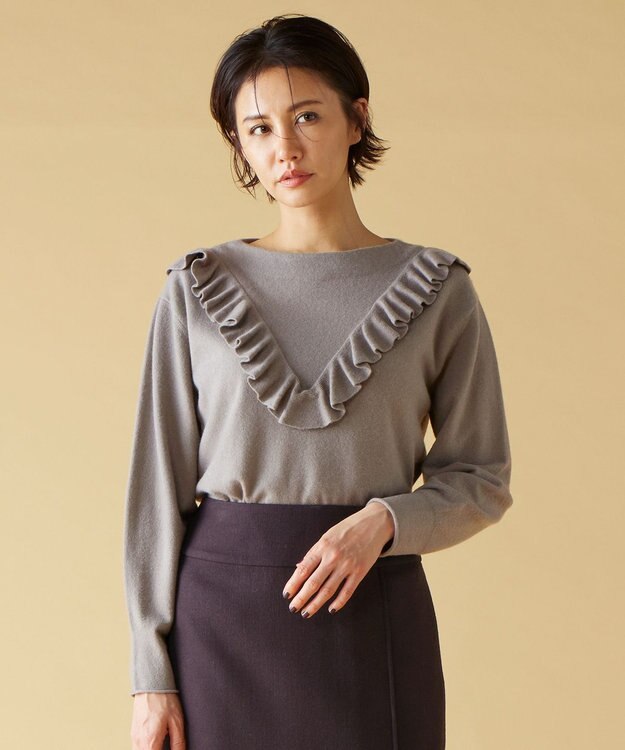 自由区 S 【洗える】ピュアカシミヤフリルディティール ニット モーブ