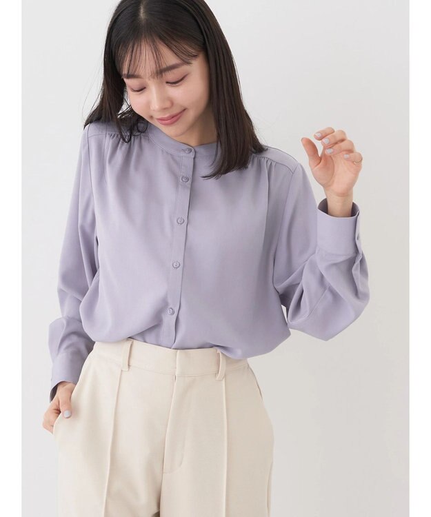 earth music&ecology バンドカラーブラウス Grayish Blue