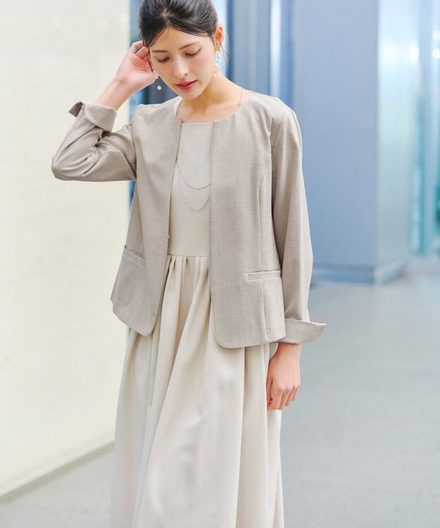 Tiaclasse L 【新色追加・洗える】麻調薄地キーネックジャケット グレージュ