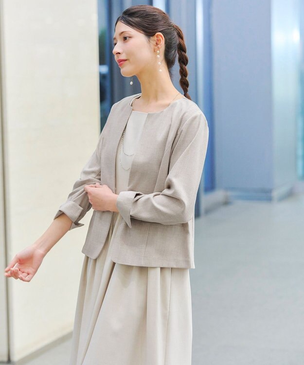 Tiaclasse L 【新色追加・洗える】麻調薄地キーネックジャケット グレージュ