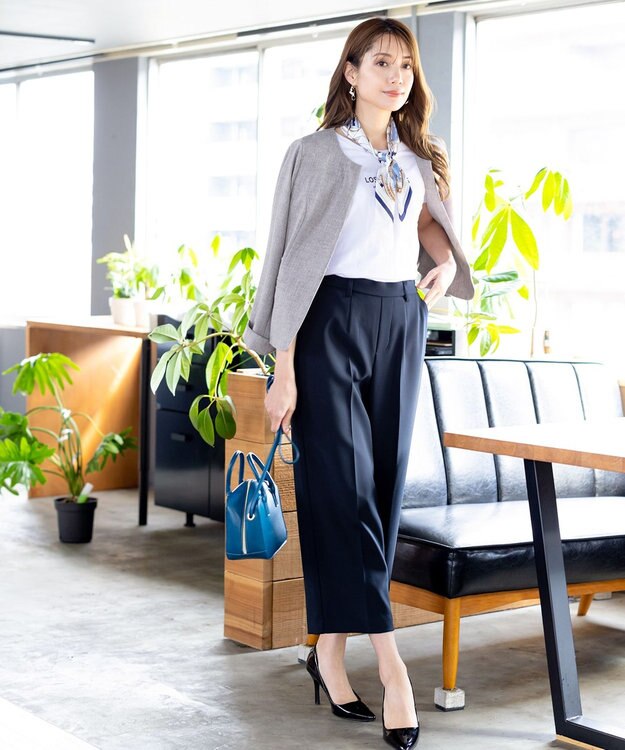 Tiaclasse L 【新色追加・洗える】麻調薄地キーネックジャケット グレー