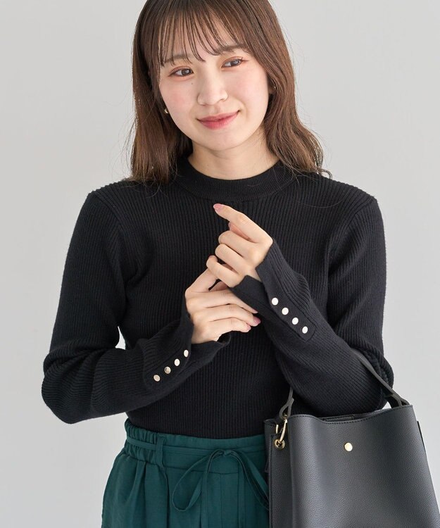 Green Parks もちやわ袖口釦リブニットプルオーバー Black