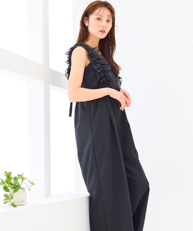 Feroux 【洗える】フリルショルダー サロペット ブラック系