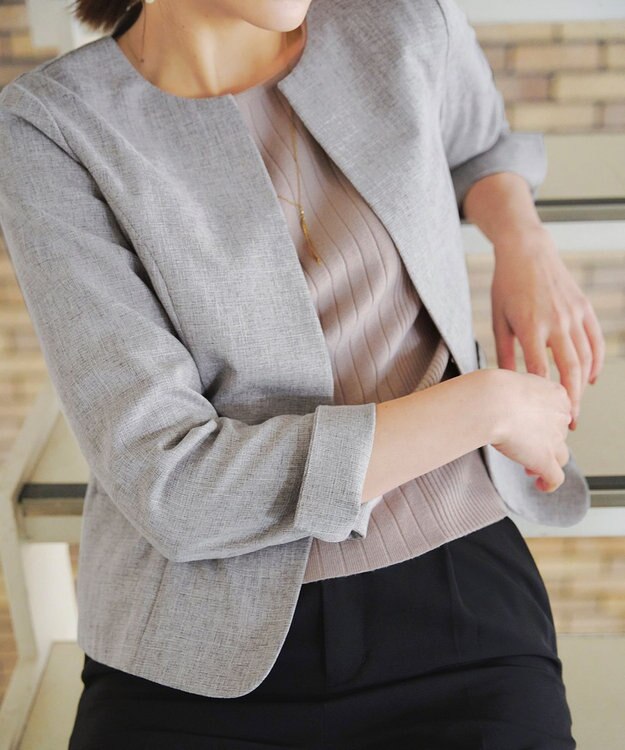 Tiaclasse L 【新色追加・洗える】麻調薄地キーネックジャケット グレー