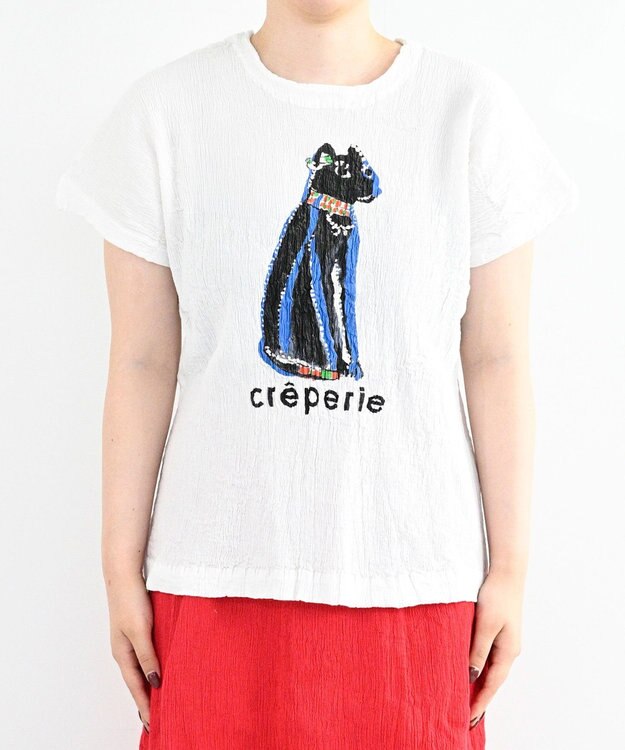 crêprie tsumori chisato creperie HAND PRINT T-SHIRT CAT クレプリ エジプトキャットプリント ドルマンTシャツ WHITE