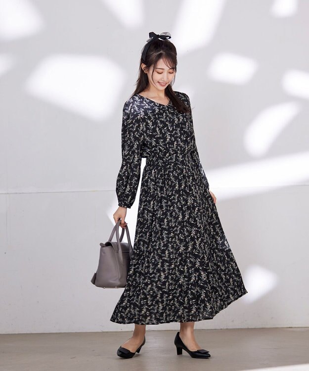 Tiaclasse L 【洗える・新色追加】パフスリーブプリーツワンピース ネイビー