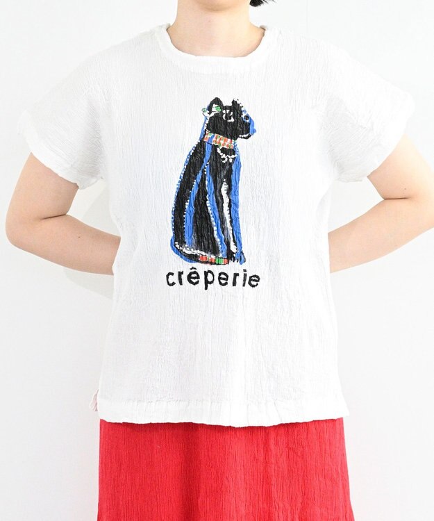 crêprie tsumori chisato creperie HAND PRINT T-SHIRT CAT クレプリ エジプトキャットプリント ドルマンTシャツ WHITE