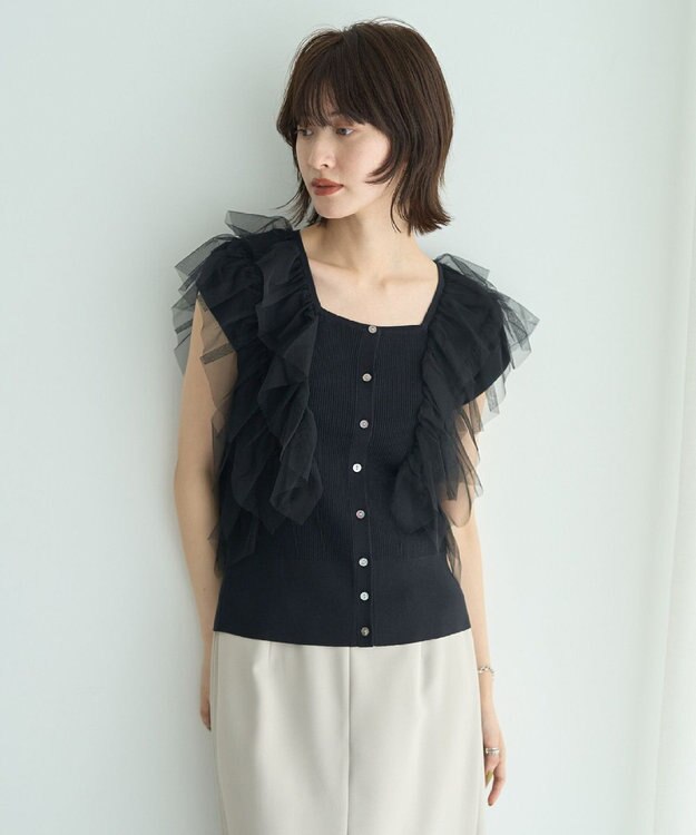 YECCA VECCA チュールラッフルノースリーブカーディガン Black