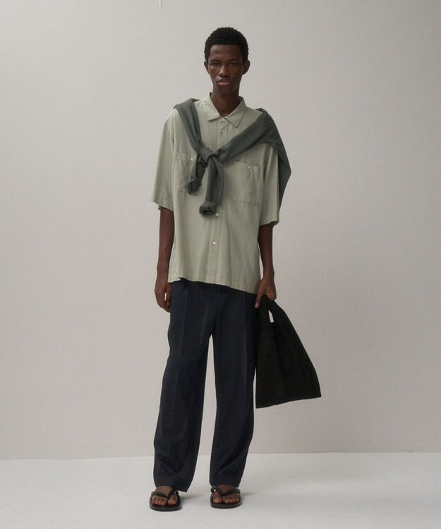 ATON TWIST WOOL GAUZE | ツータックイージーパンツ - UNISEX  NAVY TOP